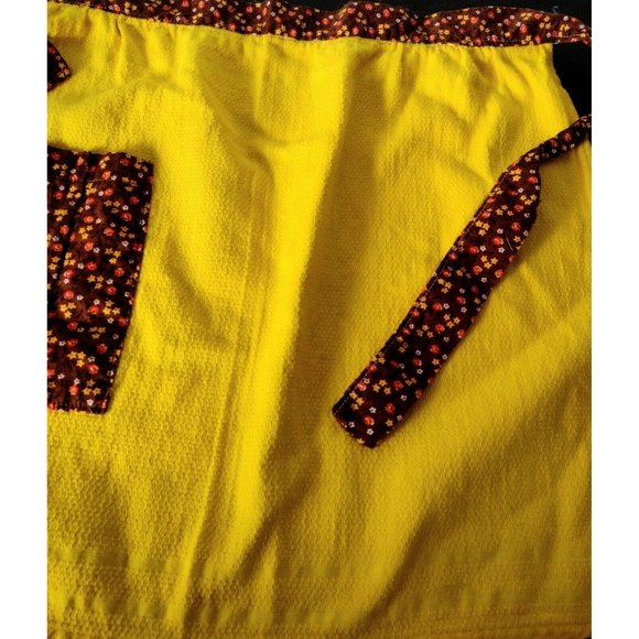 Handmade Floral Towel Half Apron Vintage Yellow Brown Tie Pocket 70s - Picture 3 of 5
